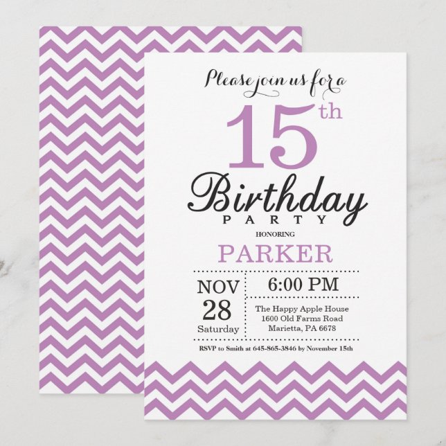 Inbjudan till 15-årsdag Purple Chevron (Fram/baksida)