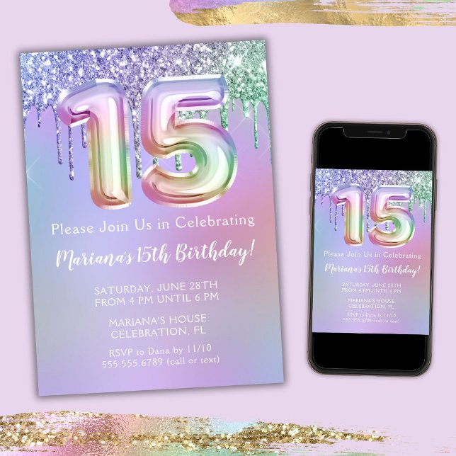 Inbjudan till 15-årsfest med lila rosa glitter (Skapare uppladdad)