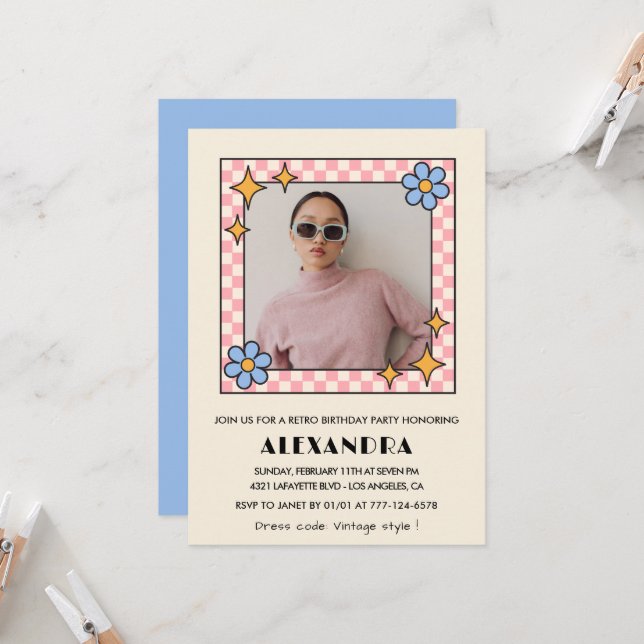 Inbjudan till 15-årsfest Retro Groovy Blommor Blå (Fram/Back In Situ)