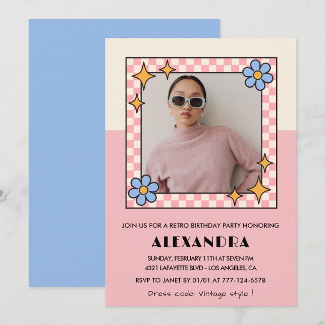 Inbjudan till 15-årsfest Retro Groovy Rosa Blommor (Fram/baksida)