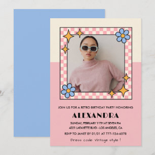 Inbjudan till 16-årsfest Retro Groovy Rosa Blommor
