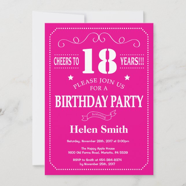 Inbjudan till 18-årsdag Hot Pink och Vit (Framsida)