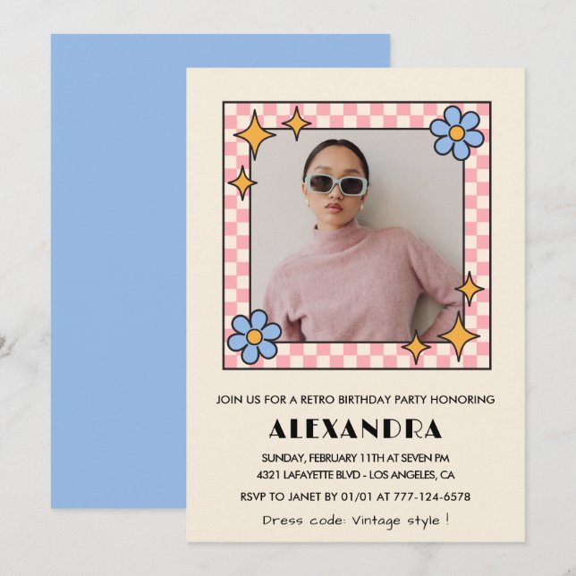 Inbjudan till 18-årsfest Retro Groovy Blommor Blå (Fram/baksida)