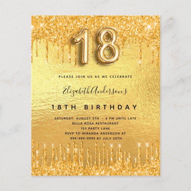 Inbjudan till 18:e födelsedagsfesten guld glitter (Framsida)