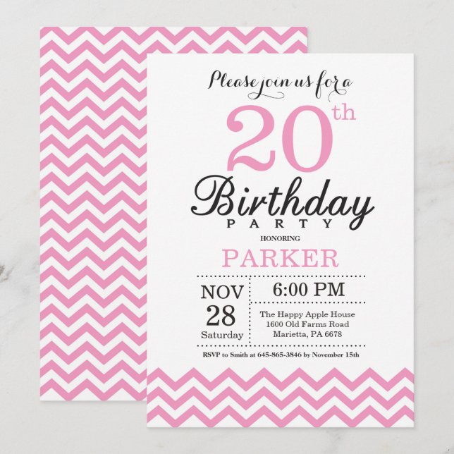 Inbjudan till 20-årsdag Pink Chevron (Fram/baksida)