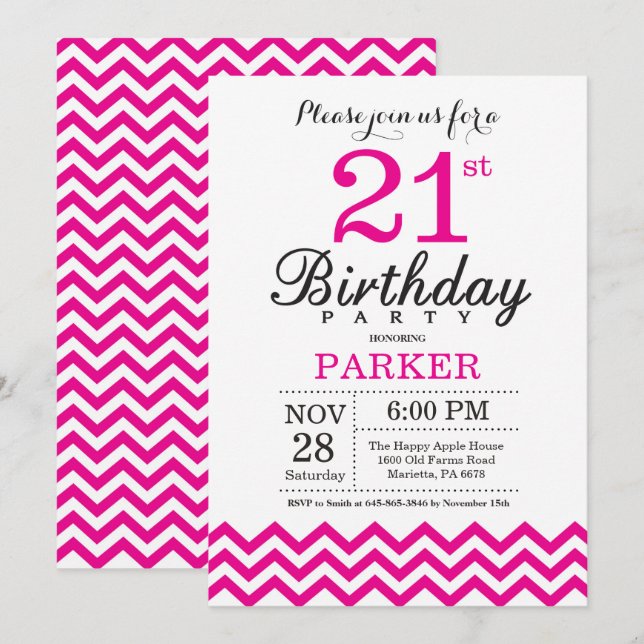 Inbjudan till 21-årsdag Hot Pink Chevron (Fram/baksida)