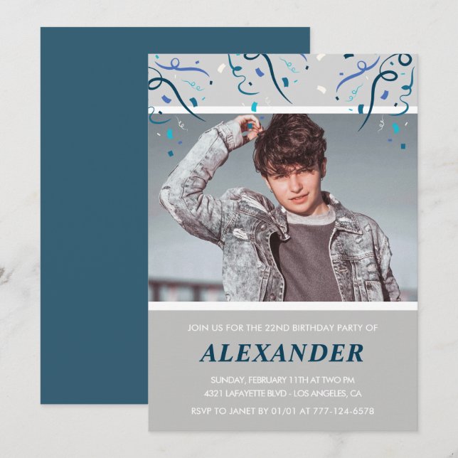 Inbjudan till 22-årsdag för honom  Blå konfetti (Fram/baksida)