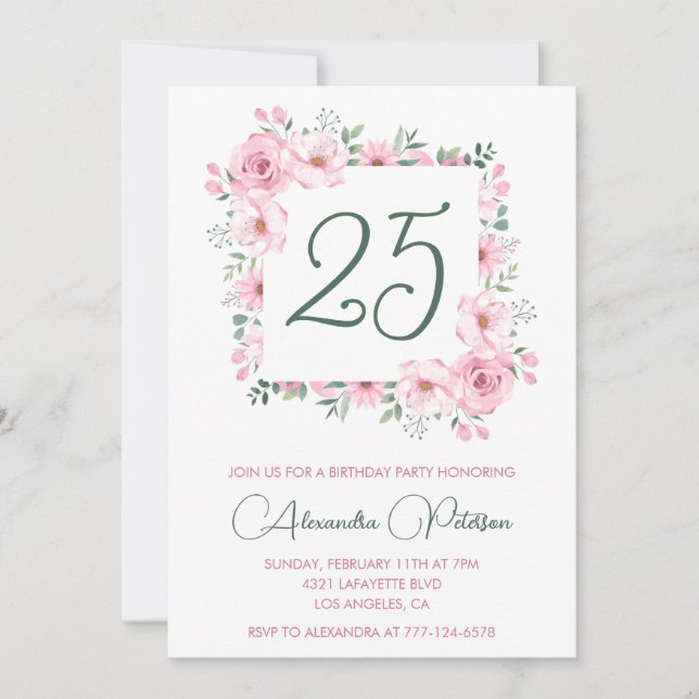 Inbjudan till 25-årsfirande Blommig Elegant Rosa (Framsida)