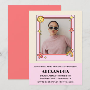 Inbjudan till 27-årsfirande Retro Foto Rosa Blommo