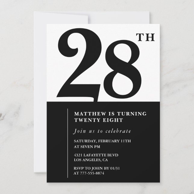 Inbjudan till 28-årsdag Svart och Vit Elegant (Framsida)
