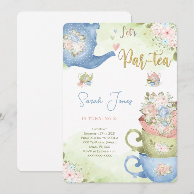 Inbjudan till 2-års födelsedags teparty (Fram/baksida)