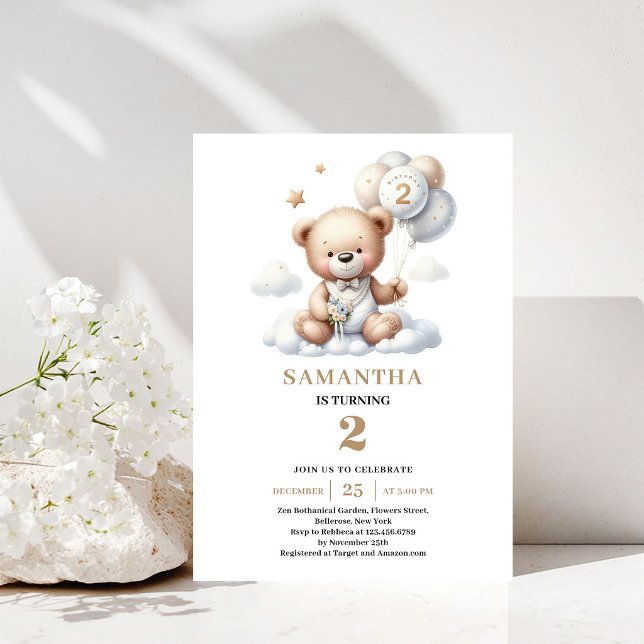 Inbjudan till 2-års födelsedagsfest Teddybjörn Gul (2nd Birthday Party Invite Teddy Bear Gold Theme)