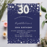 Inbjudan till 30års födelsedag (blått silver)<br><div class="desc">En modern,  snyggt och glamorös inbjudan till 30års födelsedag party. En marin blå bakgrund,  dekorerad med faux silver-stjärnor. Anpassa och lägg till ditt namn och information om party. Nummer 30 skrivs med ett stil-teckensnitt med ballong.</div>