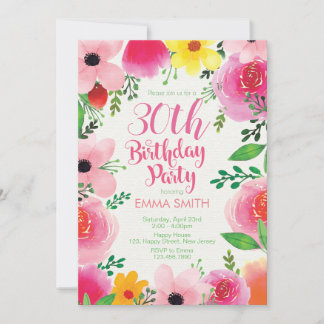 Inbjudan till 30års födelsedag. Blommigt Birthday.