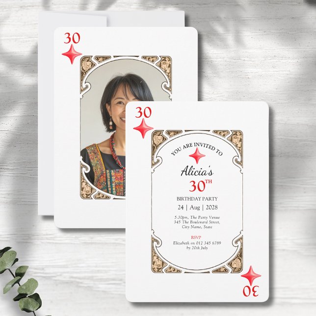 Inbjudan till 30års födelsedag Diamond-uppspelning (30th birthday party invitations in an art deco playing card style on a grey wood background.)