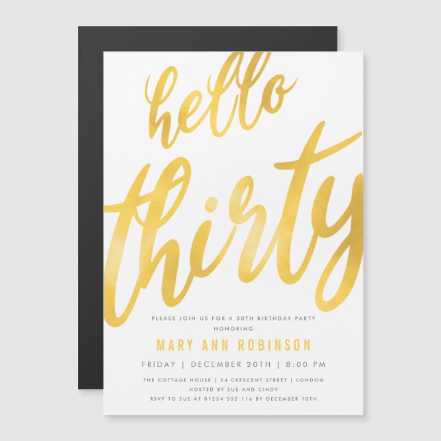 Inbjudan till 30års födelsedag-part av guldtyp magnetisk inbjudningskort (Fram/baksida)
