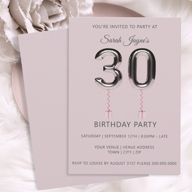 Inbjudan till 30års födelsedag-partiet rosa Silver (Happy Birthday! If you're celebrating your 30th, here's a blush pink & silver party invitation)