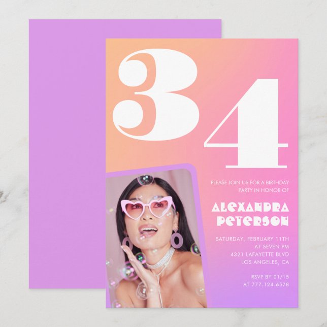 Inbjudan till 34-årsdag med rosa gradient Retro fo (Fram/baksida)