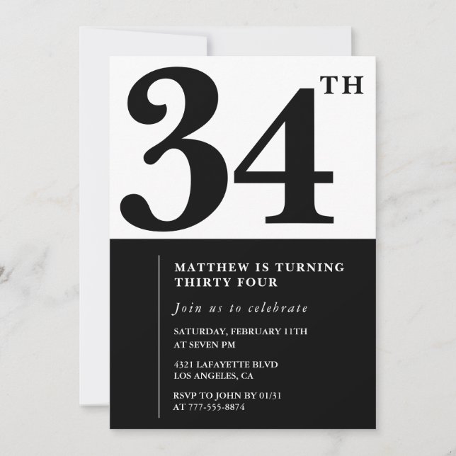 Inbjudan till 34-årsdag Svart och Vit Elegant (Framsida)