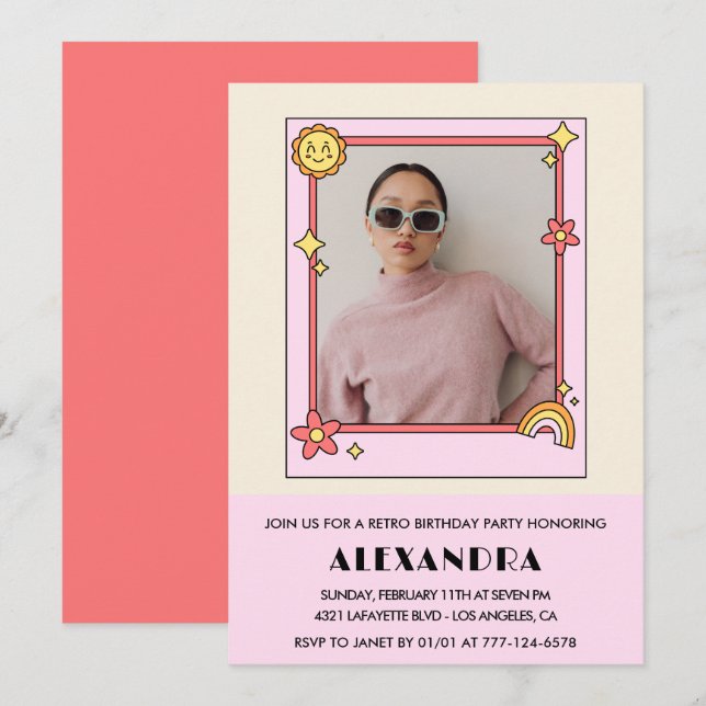 Inbjudan till 35-årsfest Retro Groovy Rosa Blommor (Fram/baksida)