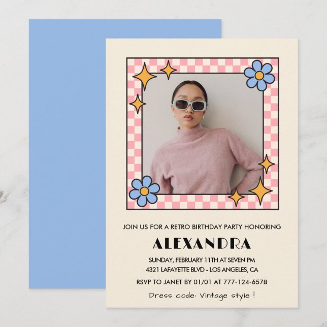 Inbjudan till 35-årsfirande Retro Groovy Blå Blomm (Fram/baksida)
