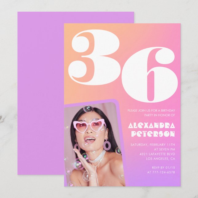 Inbjudan till 36-årsdag med rosa gradient Retro fo (Fram/baksida)