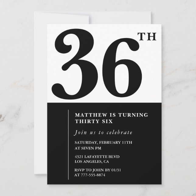 Inbjudan till 36-årsfest Svart och Vit Elegant (Framsida)