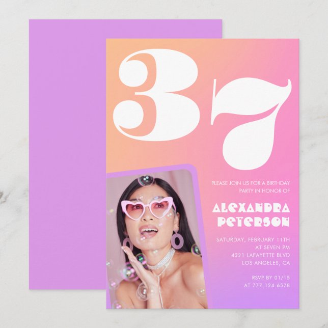 Inbjudan till 37-årsdag med rosa gradient Retro fo (Fram/baksida)