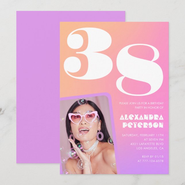 Inbjudan till 38-årsdag med rosa gradient Retro fo (Fram/baksida)
