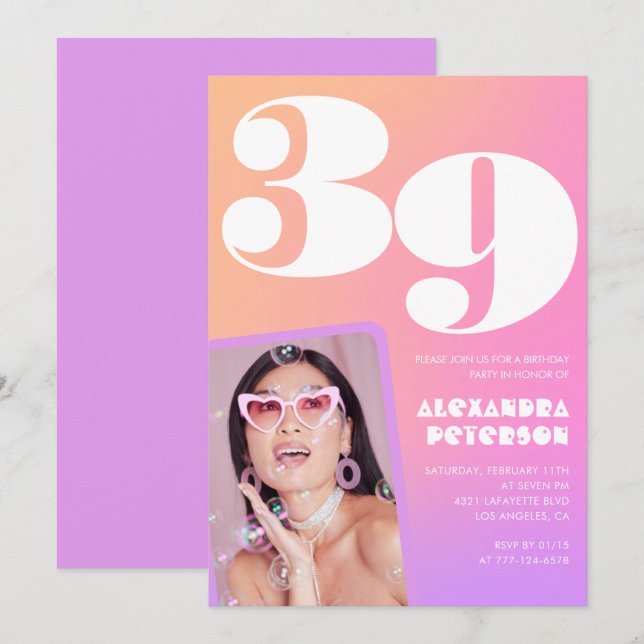 Inbjudan till 39-årsdag med rosa gradient Retro fo (Fram/baksida)