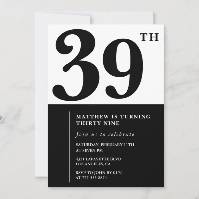 Inbjudan till 39-årsdag Svart och Vit Elegant (Framsida)