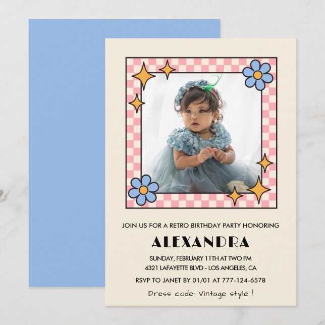 Inbjudan till 3-årsfest Retro Groovy Blommor Blå (Fram/baksida)