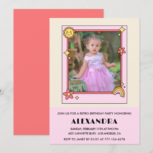 Inbjudan till 3-årsfest Retro Groovy Rosa Blommor (Fram/baksida)