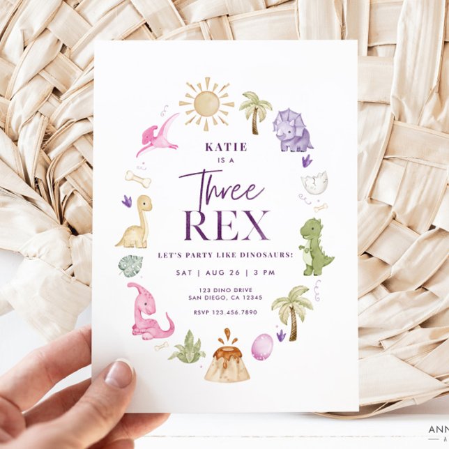 Inbjudan till 3-dagarsdag för flicka Rex Dinosaur (Girl Three Rex Invitation)
