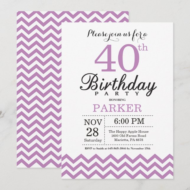 Inbjudan till 40-årsdag Purple Chevron (Fram/baksida)