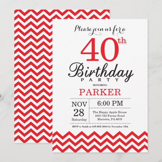 Inbjudan till 40-årsdag Red Chevron (Fram/baksida)