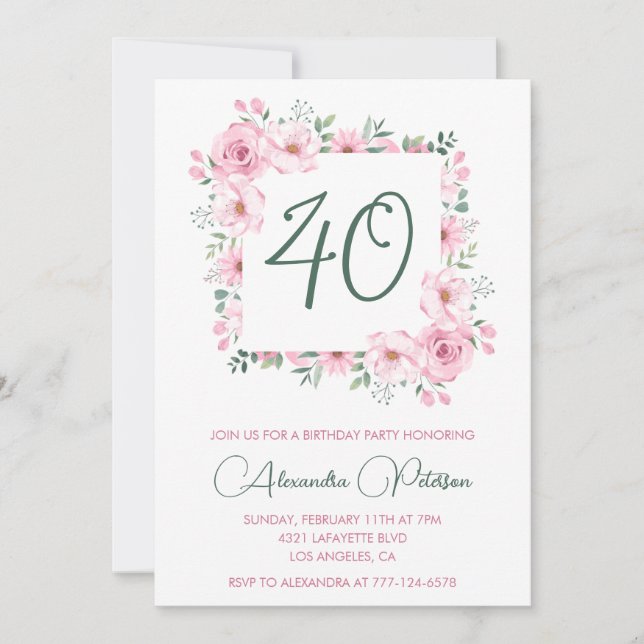 Inbjudan till 40-årsfirande Blommig Elegant Rosa (Framsida)