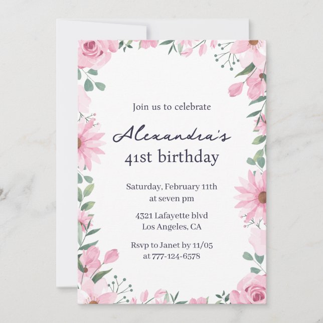 Inbjudan till 41-årsdag med rosa blomsterkant (Framsida)