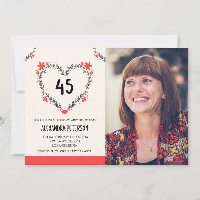 Inbjudan till 45-årsdag florala hjärta (Framsida)
