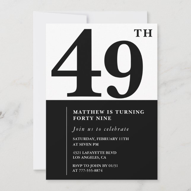 Inbjudan till 49-årsdag Svart och Vit Elegant (Framsida)