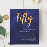 Inbjudan till 50-årsdagen för marinblått guld budg<br><div class="desc">En modern inbjudan till snyggt om en 50:e födelsedagsfest för både honom och henne. Den blå färg är ojämn. Den blå botten och ord 50 är skriven med stora faux guld brev. Anpassa och lägg till information om namn och party. Vit text. 1 lakan = 1 inbjudan tryckt kant till...</div>
