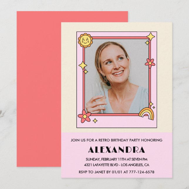 Inbjudan till 50-årsfest Retro Groovy Rosa Blommor (Fram/baksida)