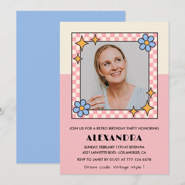 Inbjudan till 50-årsfest Retro Groovy Rosa Blommor (Fram/baksida)