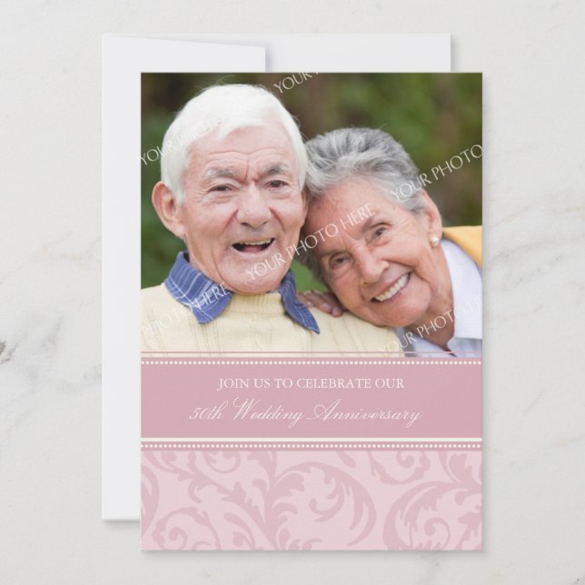 Inbjudan till 50-årsfirande med foto och rosa virv (Framsida)