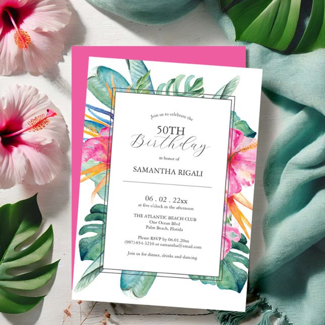 Inbjudan till 50-årsfirande Tropisk (50th birthday invitations luau tropical floral watercolor art Victoria Grigaliunas Do Tell A Belle)