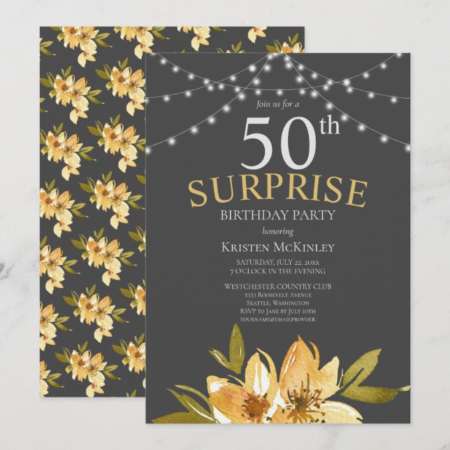 Inbjudan till 50:e Gultens Blommigt-Födelsedagsfes (Fram/baksida)