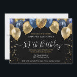 Inbjudan till 50 Födelsedagsfesters blått och Guld<br><div class="desc">Elegant faux red och guld glitter-ballonger överst i gräns. All text är justerbar och lätt att ändra för dina egna behov i party. Underbar elegant spara formatmallen för datum födelsedagsfest. Du kan ändra ålder för alla år</div>