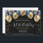 Inbjudan till 50 Födelsedagsfesters blått och Guld<br><div class="desc">Elegant faux red och guld glitter-ballonger överst i gräns. All text är justerbar och lätt att ändra för dina egna behov i party. Underbar elegant spara formatmallen för datum födelsedagsfest. Du kan ändra ålder för alla år</div>