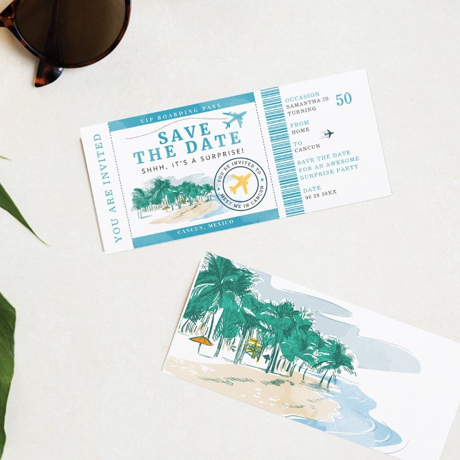 Inbjudan till 50-Födelsedagsfesters boardingkort (50th Birthday Save the Date Surprise Party)