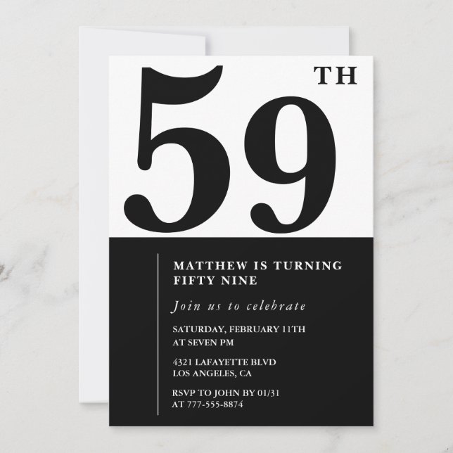 Inbjudan till 59-årsfirande Svart och Vitt Elegant (Framsida)